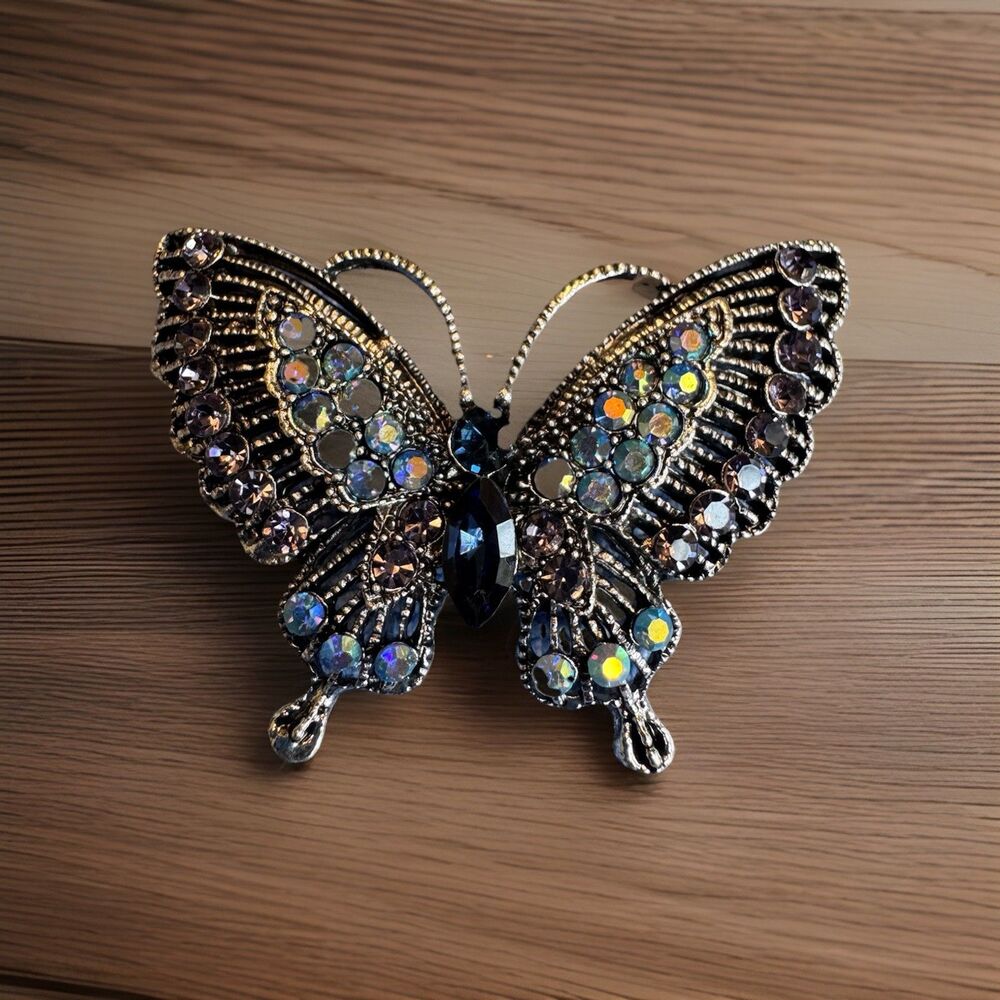 Vintage Style Blue AB Rhinestone Butterfly Brooch Pin Gunmetal Silver Tone 2”
